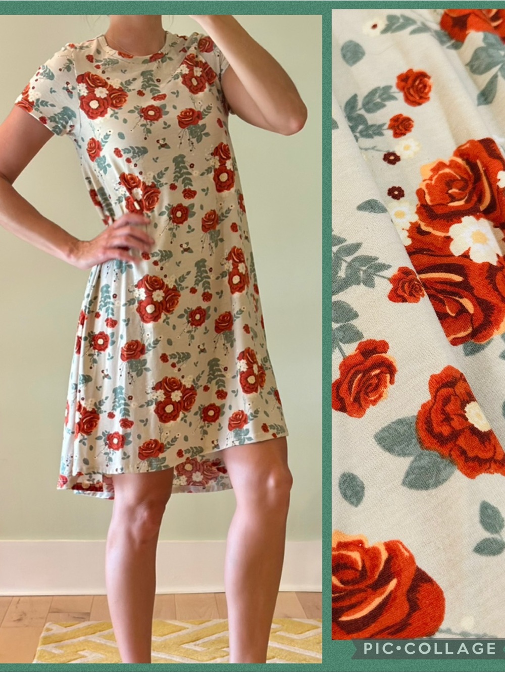 Lularoe Rose Floral Short Sleeve Tee Shirt Dress in Cream with Red Rose Print
